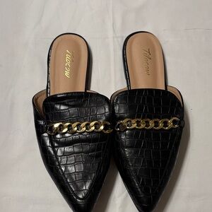 Black Croc-Embossed Mules with Gold Chain